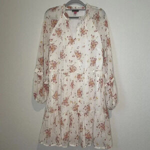 Vince Camuto Womens V-Neck Tiered Ruffle Dress Floral Balloon Sleeve Boho Large